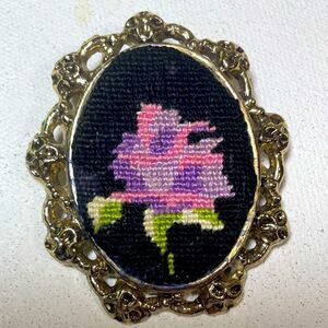 Handmade needlepoint purple rose brooch in golden frame